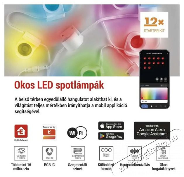 Emos GoSmart 255 cm-es l&aacute;nc, 12 r&eacute;sz, 7 W, RGBIC+CCT, dimmelhető, WiFi LED reflektor Fot&oacute;-Vide&oacute; kieg&eacute;sz&iacute;tők - F&eacute;nyterelő - Reflektor - 507234