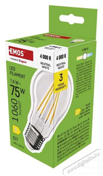 Emos ZF5D53 E27/7,8 W (75 W)/1060 lm/term&eacute;szetes feh&eacute;r filament A60 LED izz&oacute; H&aacute;ztart&aacute;s / Otthon / K&uuml;lt&eacute;r - Vil&aacute;g&iacute;t&aacute;s / elektromoss&aacute;g - E27 foglalat&uacute; izz&oacute; - 507310