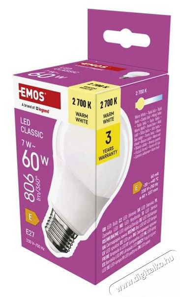 Emos ZQ5E41 A60 E27/7 W (60 W)/806 lm/meleg feh&eacute;r classic LED izz&oacute; H&aacute;ztart&aacute;s / Otthon / K&uuml;lt&eacute;r - Vil&aacute;g&iacute;t&aacute;s / elektromoss&aacute;g - E27 foglalat&uacute; izz&oacute; - 507836