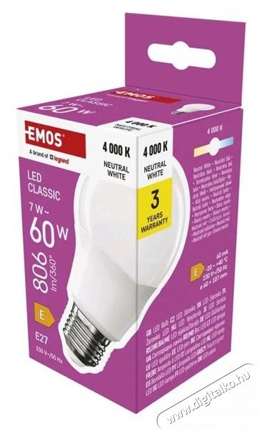 Emos ZQ5E43 A60 E27/7 W (60 W)/806 lm/term&eacute;szetes feh&eacute;r classic LED izz&oacute; H&aacute;ztart&aacute;s / Otthon / K&uuml;lt&eacute;r - Vil&aacute;g&iacute;t&aacute;s / elektromoss&aacute;g - E27 foglalat&uacute; izz&oacute; - 507837