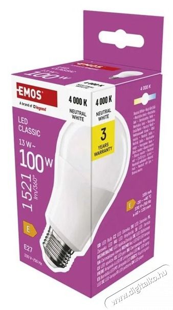 Emos ZQ5E63 A60 E27/13 W (100 W)/1521 lm/term&eacute;szetes feh&eacute;r classic LED izz&oacute; H&aacute;ztart&aacute;s / Otthon / K&uuml;lt&eacute;r - Vil&aacute;g&iacute;t&aacute;s / elektromoss&aacute;g - E27 foglalat&uacute; izz&oacute; - 507841