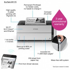 Epson Tintasugaras nyomtat&oacute; - EcoTank M1170 (A4, 1200x2400 DPI, 39 lap/perc, USB/LAN/Wifi) Iroda &eacute;s sz&aacute;m&iacute;t&aacute;stechnika - Nyomtat&oacute; - Tintasugaras / fot&oacute;nyomtat&oacute; - 488897