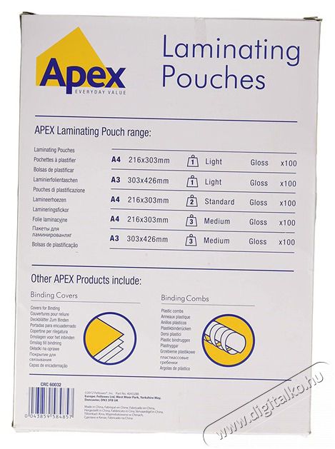 Fellowes Apex Light A4 75-80mic 100db-os meleglamin&aacute;l&oacute; f&oacute;lia Iroda &eacute;s sz&aacute;m&iacute;t&aacute;stechnika - Pap&iacute;r kezelő term&eacute;k - Lamin&aacute;l&oacute; f&oacute;lia - 407286