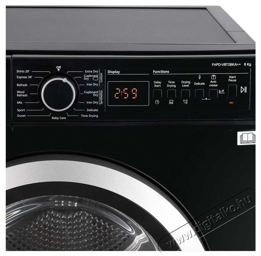 FRAM FHPD-V8T2BKA++ Hőszivatty&uacute;s sz&aacute;r&iacute;t&oacute;g&eacute;p, 8 kg, LED kijelző, Dob vil&aacute;g&iacute;t&aacute;s, K&eacute;sleltetett ind&iacute;t&aacute;s, Gyűrőd&eacute;sg&aacute;tl&oacute;, A+/E energiaoszt&aacute;ly, Fekete H&aacute;ztart&aacute;s / Otthon / K&uuml;lt&eacute;r - Mos&oacute;g&eacute;p / sz&aacute;r&iacute;t&oacute;g&eacute;p - Sz&aacute;r&iacute;t&oacute;g&eacute;p - 536599