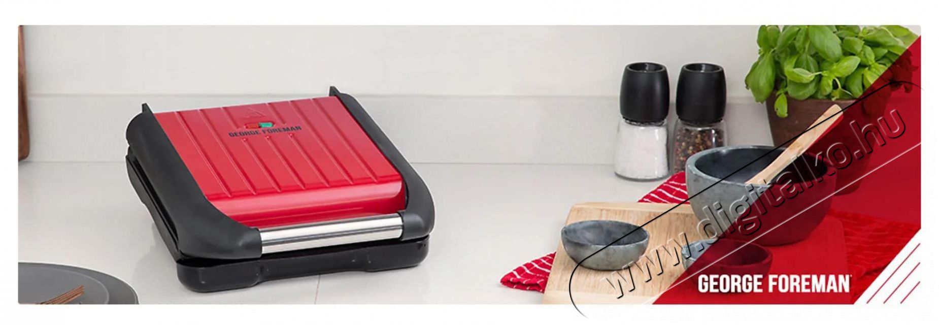 George Foreman 25030-56 Gril Compact Steel Red Konyhai term&eacute;kek - Konyhai kisg&eacute;p (s&uuml;t&eacute;s / főz&eacute;s / hűt&eacute;s / &eacute;telk&eacute;sz&iacute;t&eacute;s) - Kontakt grill s&uuml;tő / s&uuml;tőlap - 522786