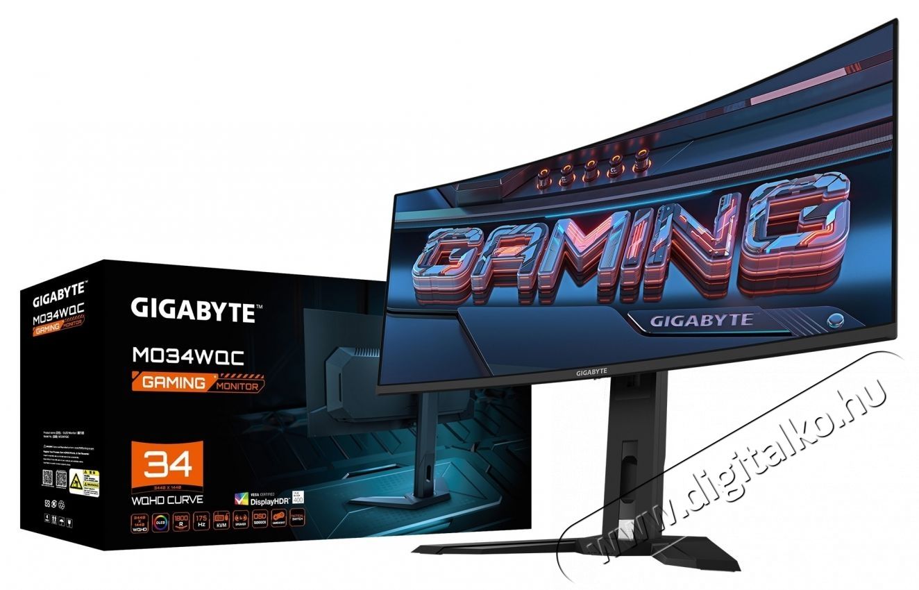 Gigabyte MO34WQC gaming monitor, OLED, 34 , WQHD, 3440 x 1440, DisplayPort, HDMI, hangsz&oacute;r&oacute;k, &iacute;velt, 175 Hz, 0,03 ms, fekete Iroda &eacute;s sz&aacute;m&iacute;t&aacute;stechnika - Monitor - Monitor - 534310