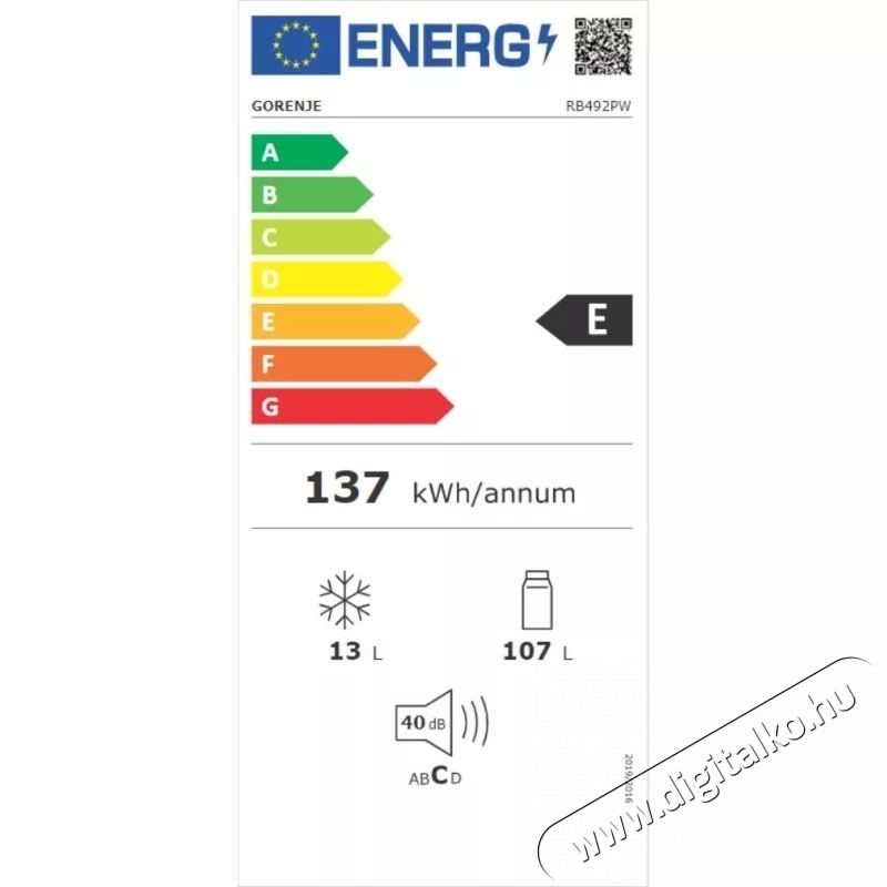 Gorenje RB492PW egyajt&oacute;s hűtőszekr&eacute;ny Konyhai term&eacute;kek - Hűtő, fagyaszt&oacute; (szabadon&aacute;ll&oacute;) - Egyajt&oacute;s hűtő - 362203