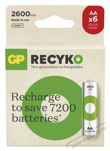 GP Batteries GP ReCyko NiMH Akkumul&aacute;tor HR6 (AA) 2600mAh 6db Akkuk &eacute;s t&ouml;ltők - Elem m&eacute;retű akku &eacute;s t&ouml;ltő - Akku - 507322