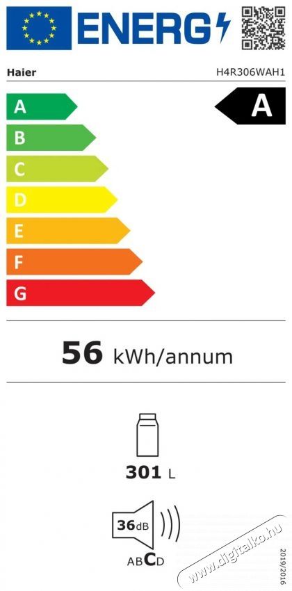 Haier H4R306WAH1 1D 60 Series 7 Konyhai term&eacute;kek - Hűtő, fagyaszt&oacute; (szabadon&aacute;ll&oacute;) - Fagyaszt&oacute; n&eacute;lk&uuml;li hűtő - 509622