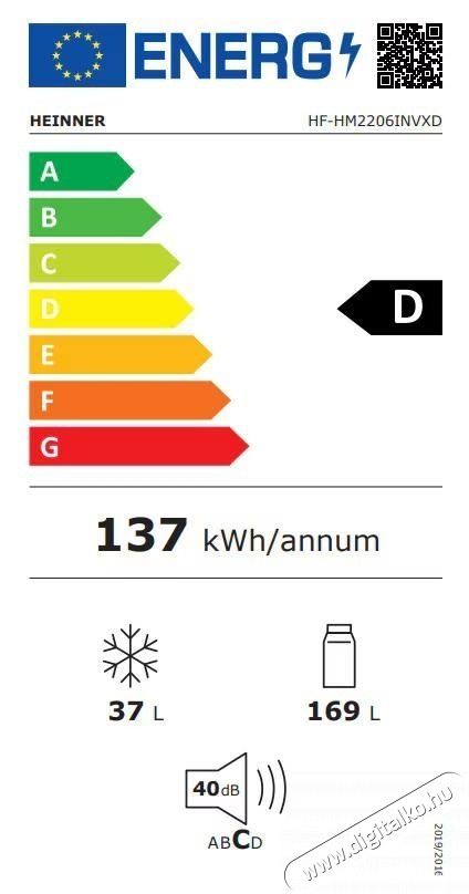 Heinner HF-HM2206INVXD kombin&aacute;lt hűtőszekr&eacute;ny, 206 l, D energiaoszt&aacute;ly, LED vil&aacute;g&iacute;t&aacute;s, 3 &uuml;vegpolc, rozsdamentes ac&eacute;l Konyhai term&eacute;kek - Hűtő, fagyaszt&oacute; (szabadon&aacute;ll&oacute;) - Fel&uuml;lfagyaszt&oacute;s kombin&aacute;lt hűtő - 533456