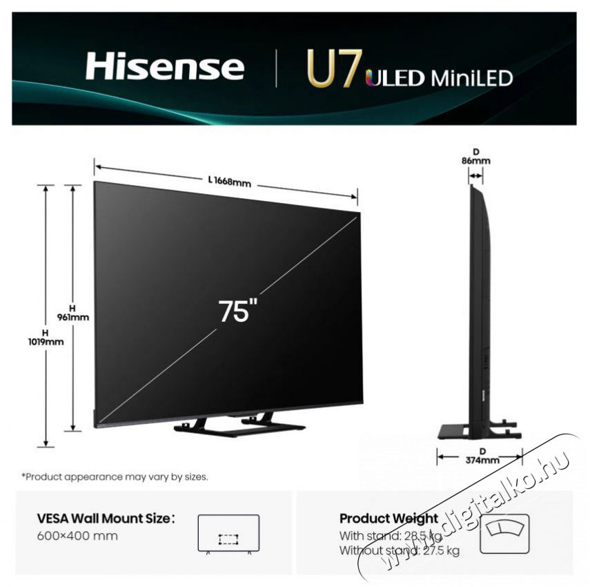 Hisense 75U7Q Telev&iacute;zi&oacute;k - LED telev&iacute;zi&oacute; - UHD 4K felbont&aacute;s&uacute; - 505850