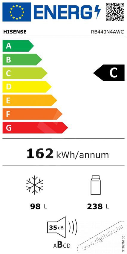 Hisense RB440N4AWC Konyhai term&eacute;kek - Hűtő, fagyaszt&oacute; (szabadon&aacute;ll&oacute;) - Alulfagyaszt&oacute;s kombin&aacute;lt hűtő - 509311