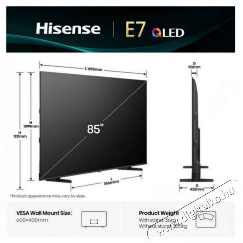 Hisense 85E7Q Telev&iacute;zi&oacute;k - LED telev&iacute;zi&oacute; - UHD 4K felbont&aacute;s&uacute; - 511962