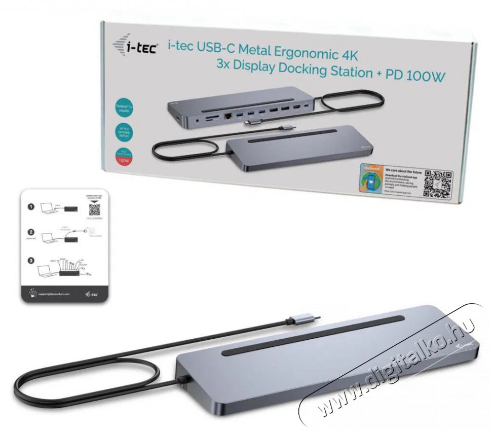 i-tec USB-C Metal Ergonomic 4K 3x Display Docking Station, Power Delivery 100W Iroda &eacute;s sz&aacute;m&iacute;t&aacute;stechnika - Notebook kieg&eacute;sz&iacute;tő - USB hub / eloszt&oacute; - 503351