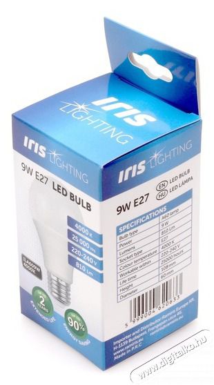 Iris Lighting E27 A60 9W/4000K/810lm LED f&eacute;nyforr&aacute;s H&aacute;ztart&aacute;s / Otthon / K&uuml;lt&eacute;r - Vil&aacute;g&iacute;t&aacute;s / elektromoss&aacute;g - E27 foglalat&uacute; izz&oacute; - 386704