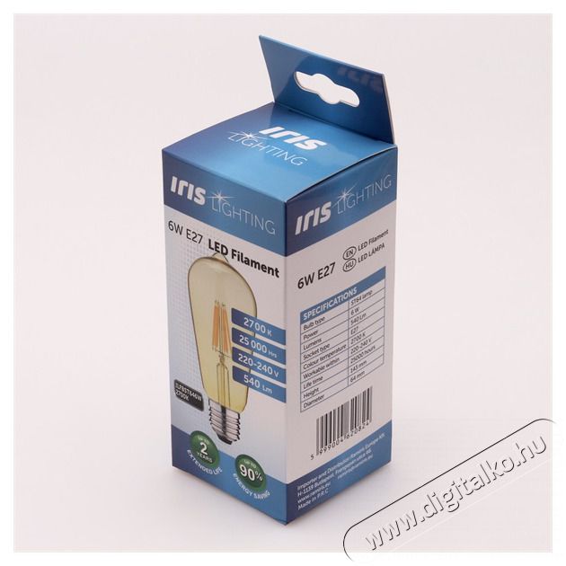 Iris Lighting Filament Bulb Longtip E27 ST64 6W/2700K/540lm aranysz&iacute;nű LED f&eacute;nyforr&aacute;s H&aacute;ztart&aacute;s / Otthon / K&uuml;lt&eacute;r - Vil&aacute;g&iacute;t&aacute;s / elektromoss&aacute;g - E27 foglalat&uacute; izz&oacute; - 386699