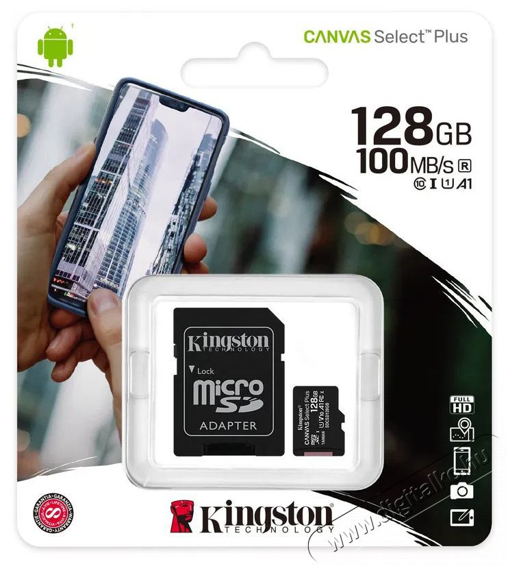 Kingston Canvas Select Plus micro SDXC 128GB Class 10 UHS-I + SD adapter Mem&oacute;ria k&aacute;rtya / Pendrive - SD / SDHC / SDXC k&aacute;rtya - 522221