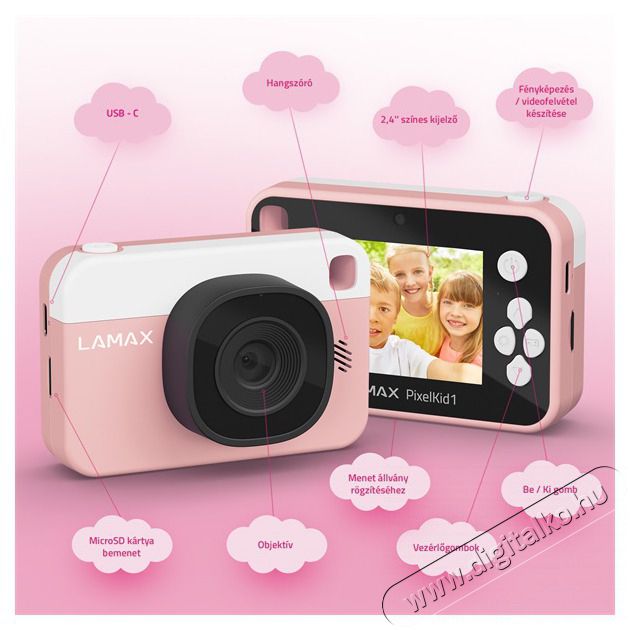 LAMAX PixelKid1 Pink Full HD 8MP r&oacute;zsazs&iacute;n gyerek f&eacute;nyk&eacute;pezőg&eacute;p &eacute;s kamera F&eacute;nyk&eacute;pezőg&eacute;p / kamera - Kompakt f&eacute;nyk&eacute;pezőg&eacute;p - Gyerek f&eacute;nyk&eacute;pezőg&eacute;p - 508785