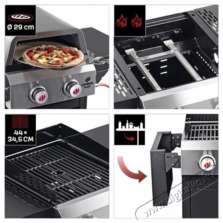Landmann Caliano 2.0 g&aacute;zgrill, 2 &eacute;gővel, főzőfel&uuml;let 44x34,5 cm, 98x58 cm, magass&aacute;g 105 cm, pizzas&uuml;tővel &eacute;s 34 cm &aacute;tm&eacute;rőjű pizzakővel, 2 lehajthat&oacute; polccal H&aacute;ztart&aacute;s / Otthon / K&uuml;lt&eacute;r - K&uuml;lt&eacute;r / kerti term&eacute;k / grill - Kerti grill - 535396