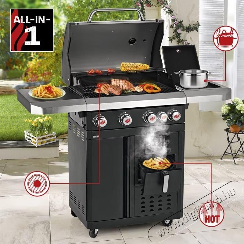 Landmann Fryton 4.1 g&aacute;zgrill be&eacute;p&iacute;tett l&eacute;gs&uuml;tővel, digit&aacute;lis kijelzővel, &ouml;nt&ouml;ttvas főzőfel&uuml;lettel 65x40 cm, 135x53 cm, magass&aacute;g 120 cm H&aacute;ztart&aacute;s / Otthon / K&uuml;lt&eacute;r - K&uuml;lt&eacute;r / kerti term&eacute;k / grill - Kerti grill - 535395