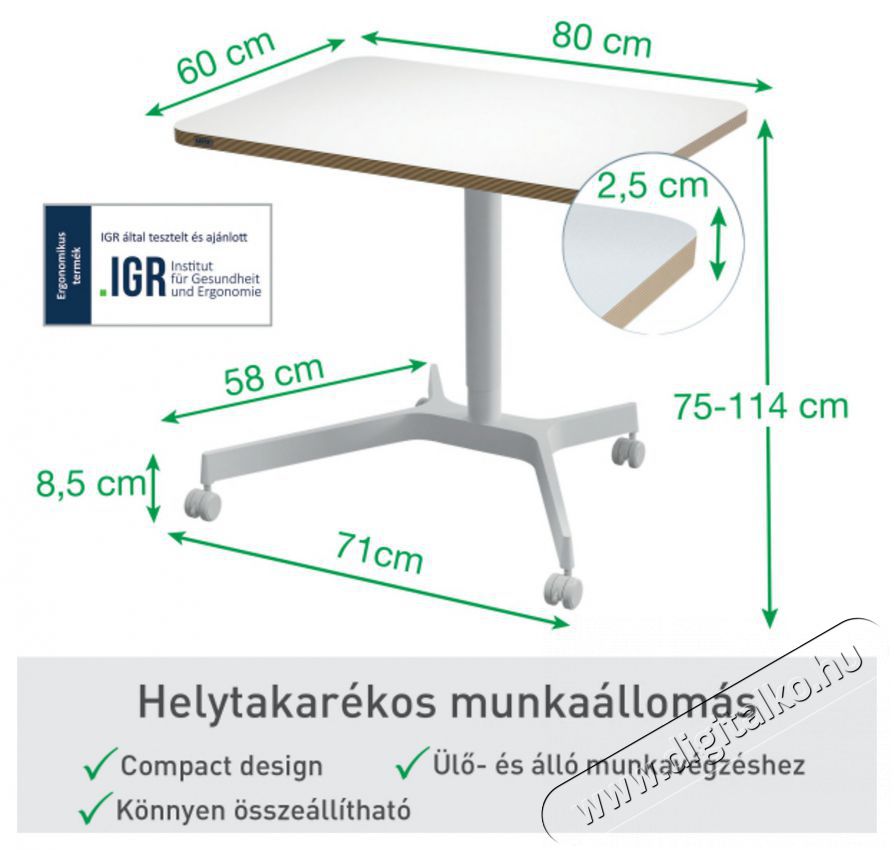 Leitz Ergo &Uuml;lő/&aacute;ll&oacute; asztal, gurul&oacute;s, 80&times;60 cm, feh&eacute;r Fot&oacute;-Vide&oacute; kieg&eacute;sz&iacute;tők - &Aacute;llv&aacute;ny - Asztali &aacute;llv&aacute;ny - 518374