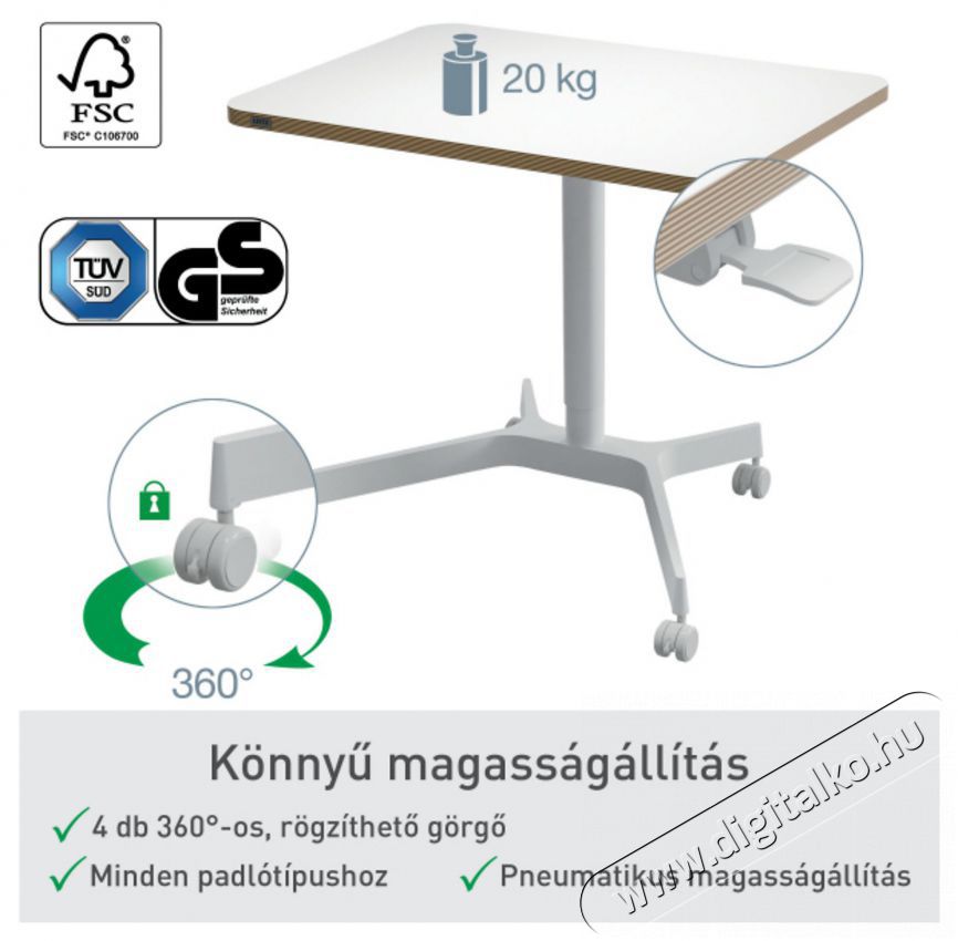 Leitz Ergo &Uuml;lő/&aacute;ll&oacute; asztal, gurul&oacute;s, 80&times;60 cm, feh&eacute;r Fot&oacute;-Vide&oacute; kieg&eacute;sz&iacute;tők - &Aacute;llv&aacute;ny - Asztali &aacute;llv&aacute;ny - 518374