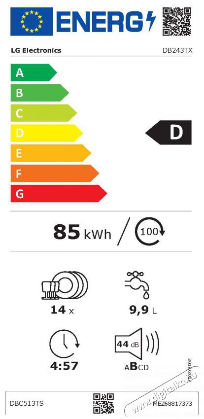 LG DB243TX MOSOGAT&Oacute;G&Eacute;P BE&Eacute;P&Iacute;THETŐ 14 TER&Iacute;T&Eacute;K Konyhai term&eacute;kek - Mosogat&oacute;g&eacute;p - Norm&aacute;l (60cm) be&eacute;p&iacute;thető mosogat&oacute;g&eacute;p - 502822