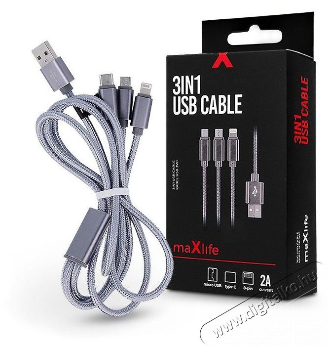 MAXLIFE TF-0168 1m 3in1 Lightning/microUSB/Type C 2A ez&uuml;st adat- &eacute;s t&ouml;ltők&aacute;bel Tv kieg&eacute;sz&iacute;tők - K&aacute;bel / csatlakoz&oacute; - USB k&aacute;bel - 456797