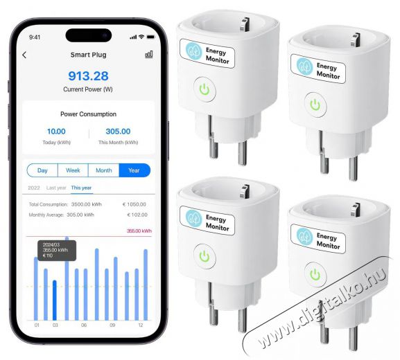 Meross Matter Compatible Smart Wi-Fi Plug with Energy Monitor (4 pack) H&aacute;ztart&aacute;s / Otthon / K&uuml;lt&eacute;r - Okos otthon - Okos konnektor - 521599