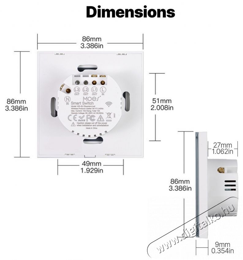 MOES Matter WiFi Smart Switch 3gang H&aacute;ztart&aacute;s / Otthon / K&uuml;lt&eacute;r - Okos otthon - Kieg&eacute;sz&iacute;tő - 521675