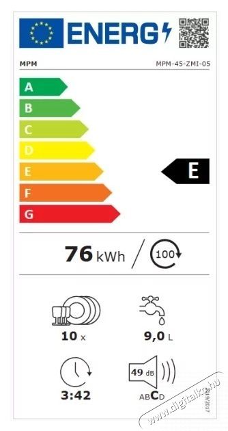 MPM 45-ZMI-05 10 ter&iacute;t&eacute;k, 76 kWh/&eacute;v, (E) F&eacute;m be&eacute;p&iacute;thető mosogat&oacute;g&eacute;p (MPM-45-ZMI-05) Konyhai term&eacute;kek - Mosogat&oacute;g&eacute;p - Keskeny (45cm-ig) be&eacute;p&iacute;thető mosogat&oacute;g&eacute;p - 531132