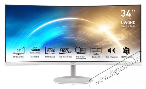 MSI DT MSI PRO MP341CQW &Iacute;velt Monitor 34 QHD, 3440x1440, 100Hz VA 21:9, 3000:1 CR, 300cd/m2, 4 ms, HDMI, DP, Feh&eacute;r	 Iroda &eacute;s sz&aacute;m&iacute;t&aacute;stechnika - Monitor - Monitor - 485715