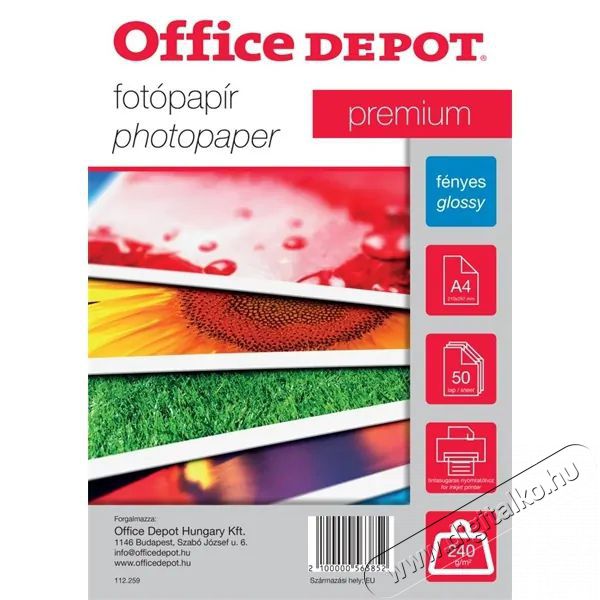 Office Depot Premium A4 240g f&eacute;nyes 50db fot&oacute;pap&iacute;r Fot&oacute;-Vide&oacute; kieg&eacute;sz&iacute;tők - Kism&eacute;retű fot&oacute;nyomtat&oacute; - Fot&oacute;pap&iacute;r - 396945