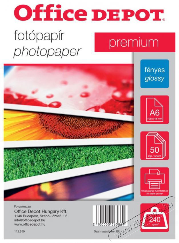 Office Depot Premium A6 240g f&eacute;nyes 50db fot&oacute;pap&iacute;r Fot&oacute;-Vide&oacute; kieg&eacute;sz&iacute;tők - Kism&eacute;retű fot&oacute;nyomtat&oacute; - Fot&oacute;pap&iacute;r - 396876