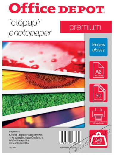 Office Depot Premium A6 240g f&eacute;nyes 50db fot&oacute;pap&iacute;r Fot&oacute;-Vide&oacute; kieg&eacute;sz&iacute;tők - Kism&eacute;retű fot&oacute;nyomtat&oacute; - Fot&oacute;pap&iacute;r - 396876
