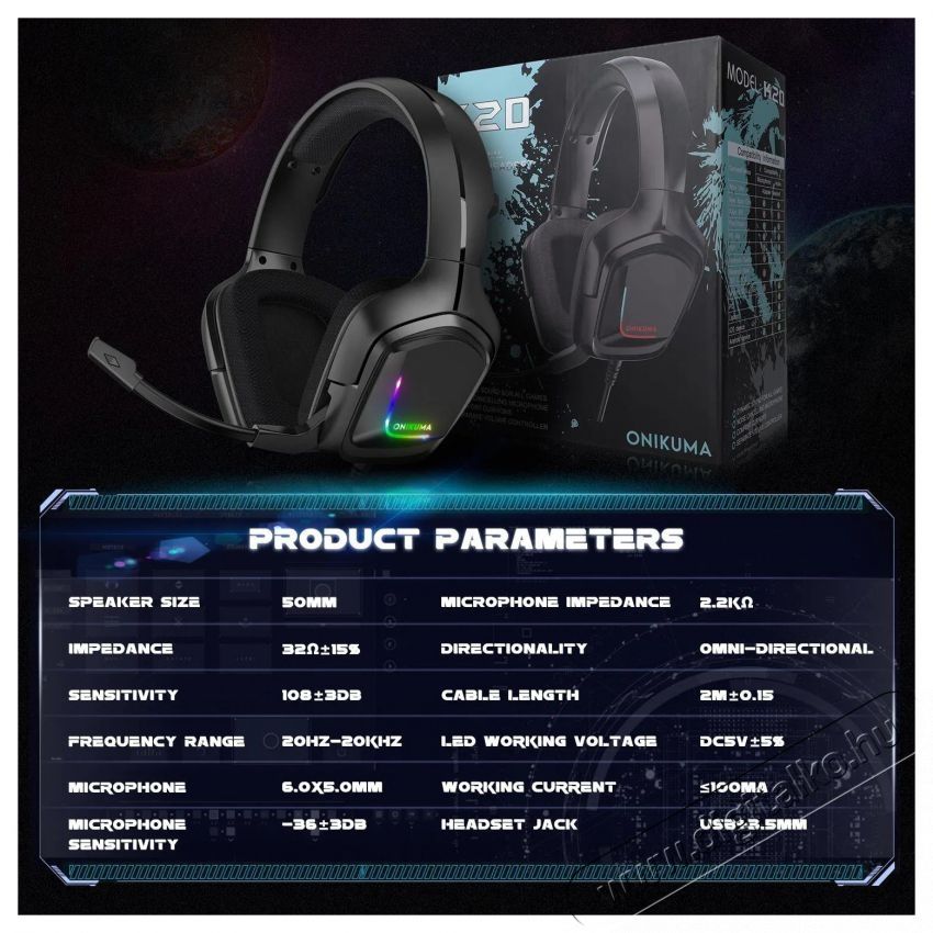 Onikuma K20 Black Fejhallgat&oacute; Audio-Video / Hifi / Multim&eacute;dia - F&uuml;l &eacute;s Fejhallgat&oacute;k - Fejhallgat&oacute; mikrofonnal / headset - 529812