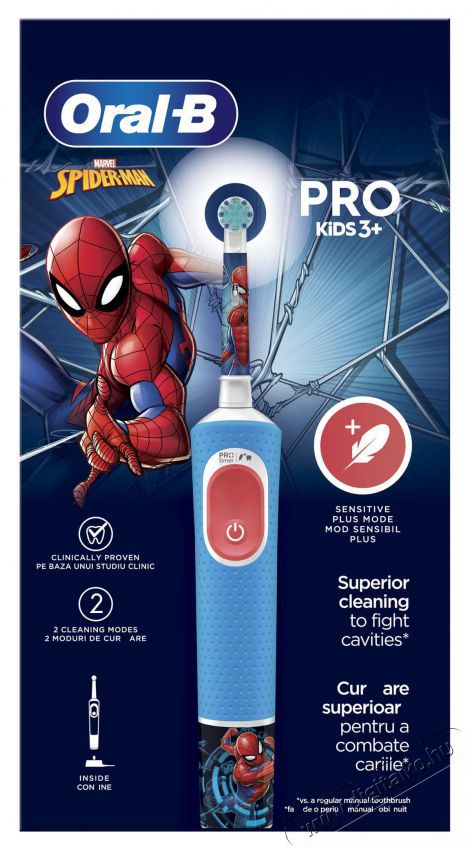 Oral-B Pro Kids Spiderman elektromos fogkefe gyerekeknek, 2D tiszt&iacute;t&aacute;s, 2 program, 1 v&eacute;g, 4 matrica, k&eacute;k Sz&eacute;ps&eacute;g&aacute;pol&aacute;s / Eg&eacute;szs&eacute;g - Sz&aacute;j / fog &aacute;pol&aacute;s - Elektromos fogkefe - 500925