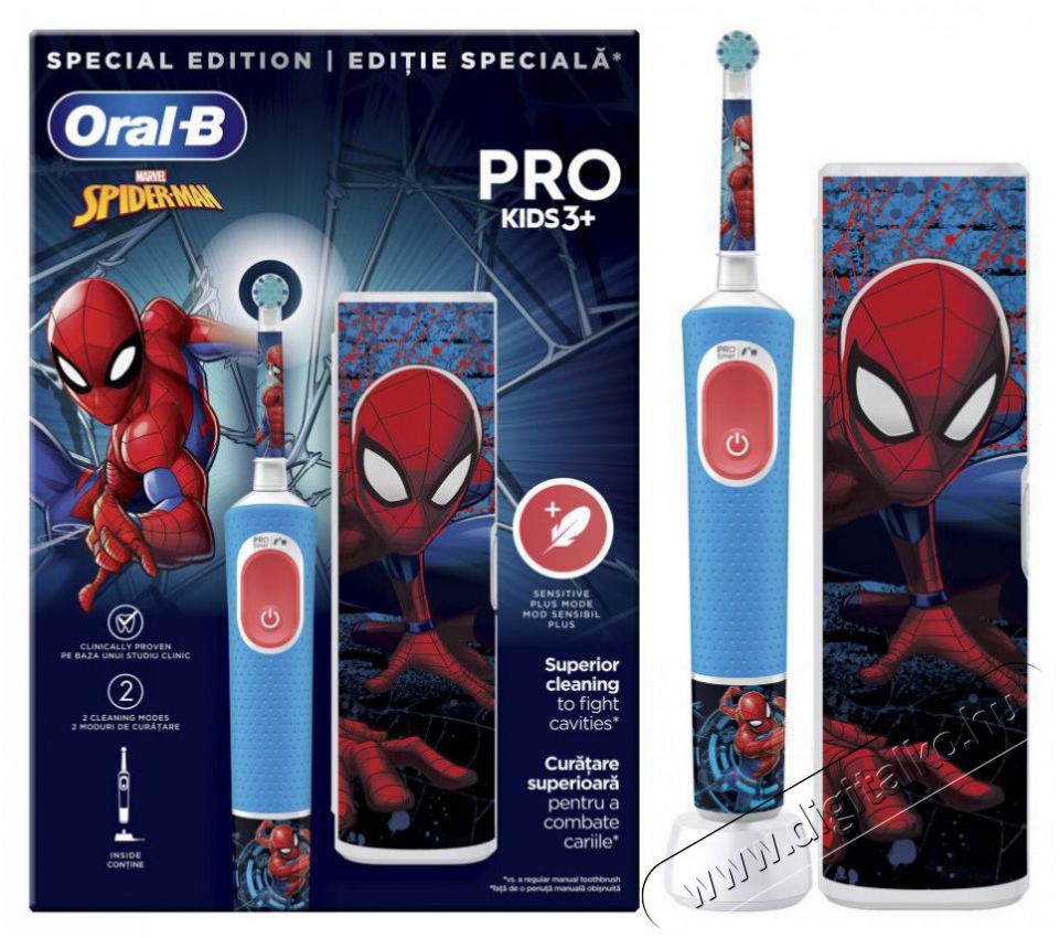Oral-B Pro Kids Spiderman elektromos fogkefe gyerekeknek, , 2D tiszt&iacute;t&aacute;s, 2 program, 1 v&eacute;g, 4 matrica, utaz&oacute;k&eacute;szlet, K&eacute;k Sz&eacute;ps&eacute;g&aacute;pol&aacute;s / Eg&eacute;szs&eacute;g - Sz&aacute;j / fog &aacute;pol&aacute;s - Elektromos fogkefe - 503150