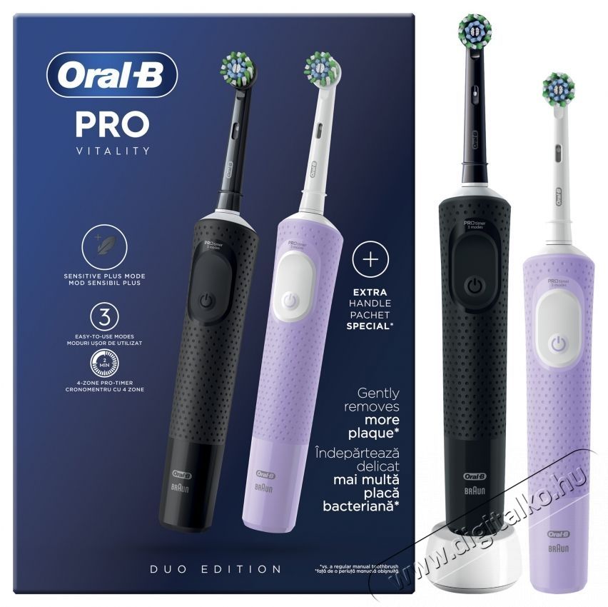 Oral-B 2 db Oral-B Vitality Pro elektromos fogkefe k&eacute;szlet, 2D tiszt&iacute;t&aacute;s, 3 program, 1 t&ouml;ltő, 2 fej, fekete/lila Sz&eacute;ps&eacute;g&aacute;pol&aacute;s / Eg&eacute;szs&eacute;g - Sz&aacute;j / fog &aacute;pol&aacute;s - Elektromos fogkefe - 533623