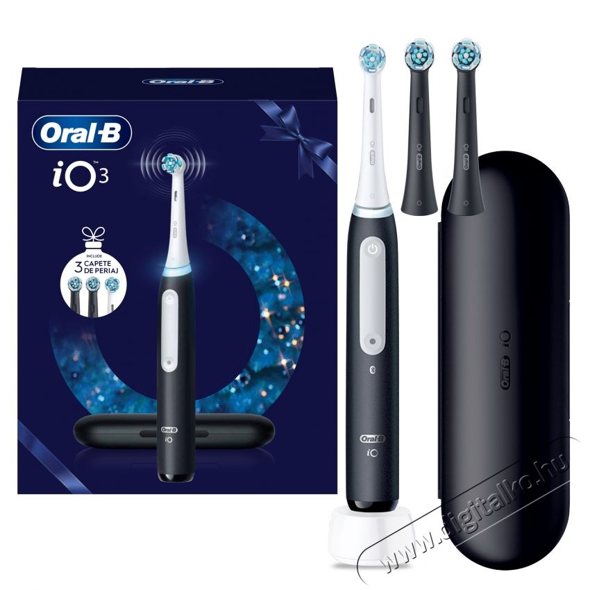 Oral-B iO3 elektromos fogkefe, m&aacute;gneses technol&oacute;gi&aacute;val &eacute;s mikrovibr&aacute;ci&oacute;val, intelligens nyom&aacute;s&eacute;rz&eacute;kelővel, 3 m&oacute;d, 1 v&eacute;g, fekete + 2 kefefej Sz&eacute;ps&eacute;g&aacute;pol&aacute;s / Eg&eacute;szs&eacute;g - Sz&aacute;j / fog &aacute;pol&aacute;s - Elektromos fogkefe - 533621