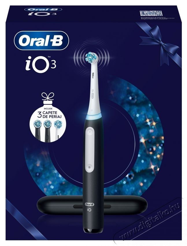 Oral-B iO3 elektromos fogkefe, m&aacute;gneses technol&oacute;gi&aacute;val &eacute;s mikrovibr&aacute;ci&oacute;val, intelligens nyom&aacute;s&eacute;rz&eacute;kelővel, 3 m&oacute;d, 1 v&eacute;g, fekete + 2 kefefej Sz&eacute;ps&eacute;g&aacute;pol&aacute;s / Eg&eacute;szs&eacute;g - Sz&aacute;j / fog &aacute;pol&aacute;s - Elektromos fogkefe - 533621