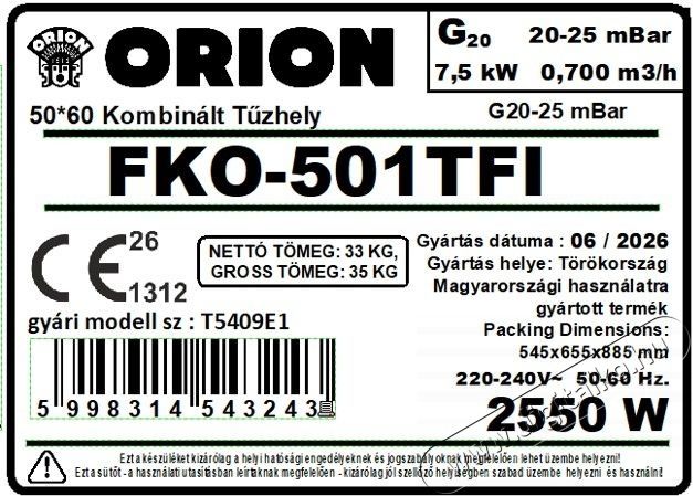 Orion FKO-501TFI kombin&aacute;lt tűzhely Konyhai term&eacute;kek - S&uuml;tő-főzőlap, tűzhely (szabadon&aacute;ll&oacute;) - Kombin&aacute;lt tűzhely (szabadon&aacute;ll&oacute;) - 540015