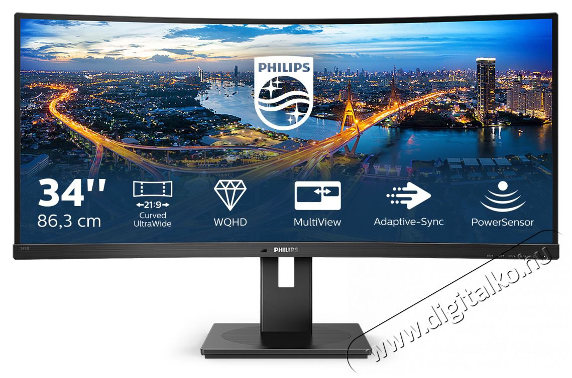 PHILIPS &Iacute;velt VA monitor 34 345B1C, 3440x1440, 21:9, 300 cd/m2, 5ms, HDMI/DisplayPort/USB-C/4xUSB, LAN, hangsz&oacute;r&oacute;  Iroda &eacute;s sz&aacute;m&iacute;t&aacute;stechnika - Monitor - Monitor - 484197