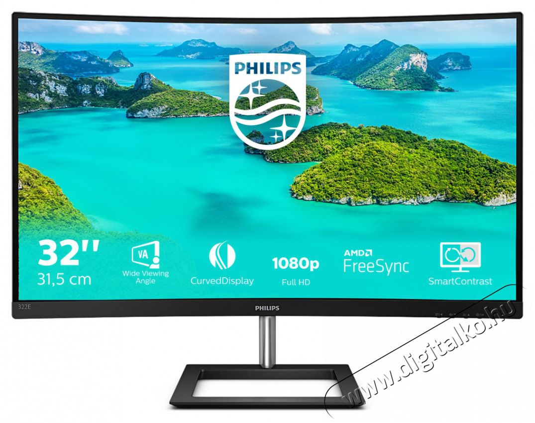 PHILIPS &Iacute;velt VA monitor 31.5 322E1C, 1920x1080, 16:9, 250cd/m2, 4ms, VGA/HDMI/DisplayPort Iroda &eacute;s sz&aacute;m&iacute;t&aacute;stechnika - Monitor - Monitor - 487284