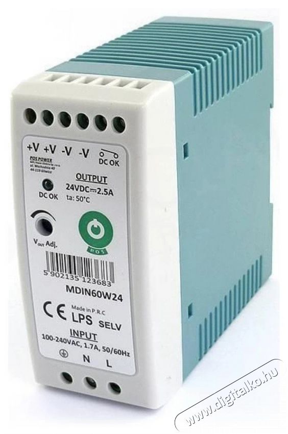 POS POWER MDIN60W24 24V/2.5A 60W DIN s&iacute;nre szerelhető LED t&aacute;pegys&eacute;g H&aacute;ztart&aacute;s / Otthon / K&uuml;lt&eacute;r - Vil&aacute;g&iacute;t&aacute;s / elektromoss&aacute;g - L&aacute;mpa kieg&eacute;sz&iacute;tő - 396400
