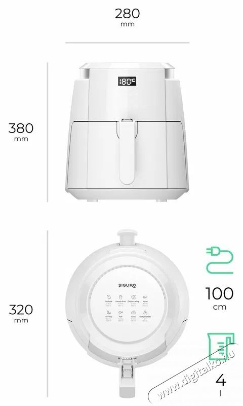 Siguro AF-P351W Vita Fry Plus Konyhai term&eacute;kek - Konyhai kisg&eacute;p (s&uuml;t&eacute;s / főz&eacute;s / hűt&eacute;s / &eacute;telk&eacute;sz&iacute;t&eacute;s) - L&eacute;gkever&eacute;ses főzőg&eacute;p / elektromos kukta / multifunkci&oacute;s s&uuml;tő - 520576
