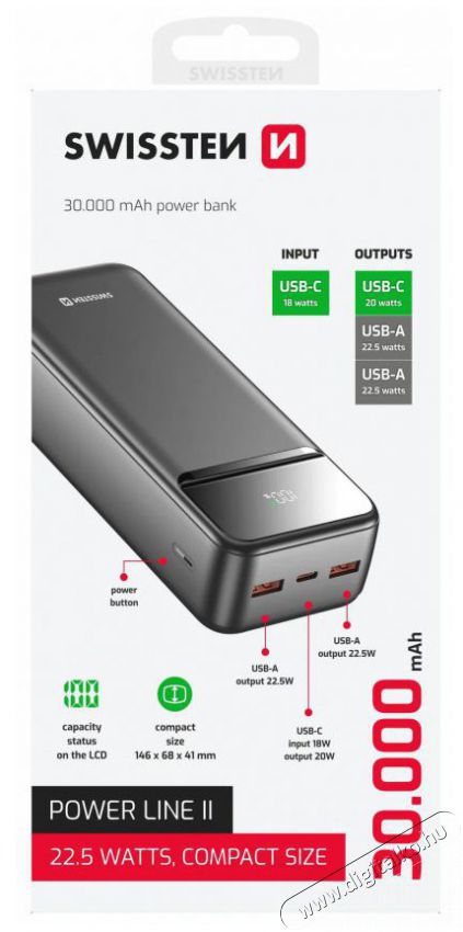 Swissten 30000 mAh Power Line II, fekete Mobil / Kommunik&aacute;ci&oacute; / Smart - Powerbank / K&uuml;lső akkumul&aacute;tor &eacute;s t&ouml;ltő - 530312