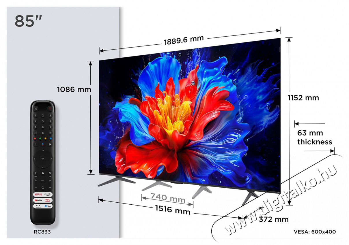 TCL 85P8K QLED GOOGLE SMART TV Telev&iacute;zi&oacute;k - LED telev&iacute;zi&oacute; - UHD 4K felbont&aacute;s&uacute; - 530825