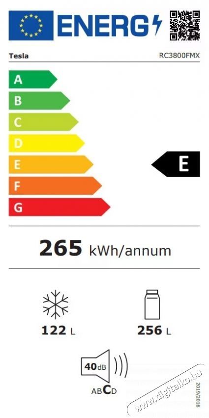 Tesla RC3800FMX hűtőszekr&eacute;ny fagyaszt&oacute;, 378 l, E oszt&aacute;ly, Total No Frost, LED kijelző, H 201 cm, Rozsdamentes ac&eacute;l Konyhai term&eacute;kek - Hűtő, fagyaszt&oacute; (szabadon&aacute;ll&oacute;) - Alulfagyaszt&oacute;s kombin&aacute;lt hűtő - 540519