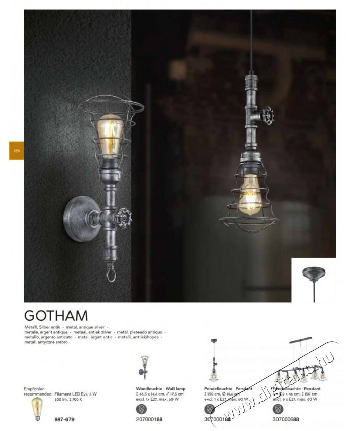 TRIO 307000188 GOTHAM 1 x E27 antik ez&uuml;st f&eacute;m 1 &aacute;g&uacute; f&uuml;ggeszt&eacute;k H&aacute;ztart&aacute;s / Otthon / K&uuml;lt&eacute;r - Vil&aacute;g&iacute;t&aacute;s / elektromoss&aacute;g - Fali / mennyezeti l&aacute;mpa - 395029
